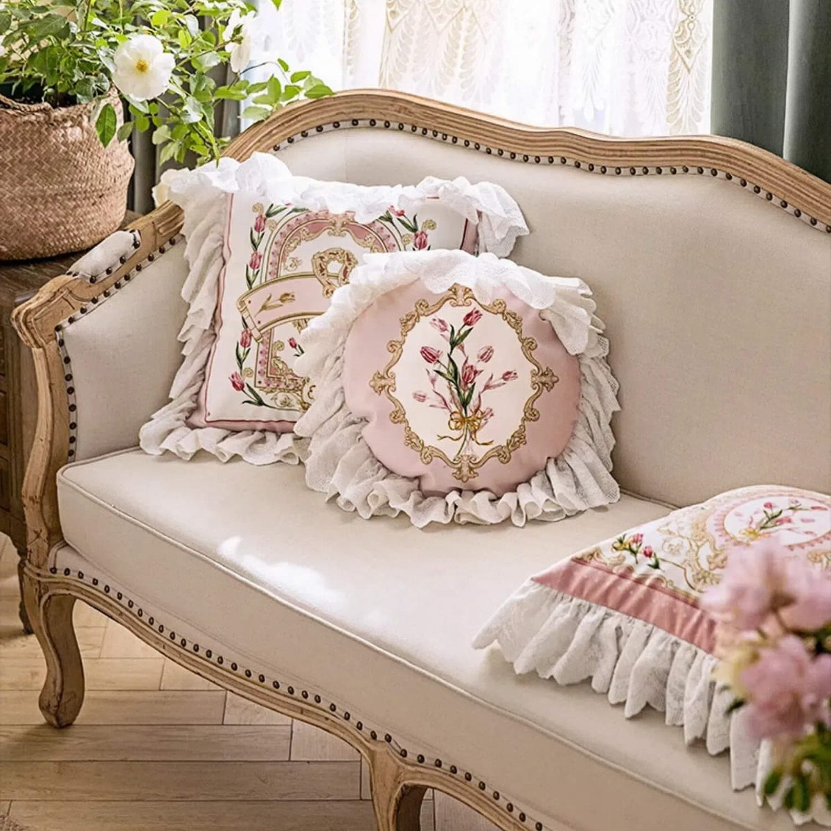 Powder Grace French Luxury Lace Throw Pillow