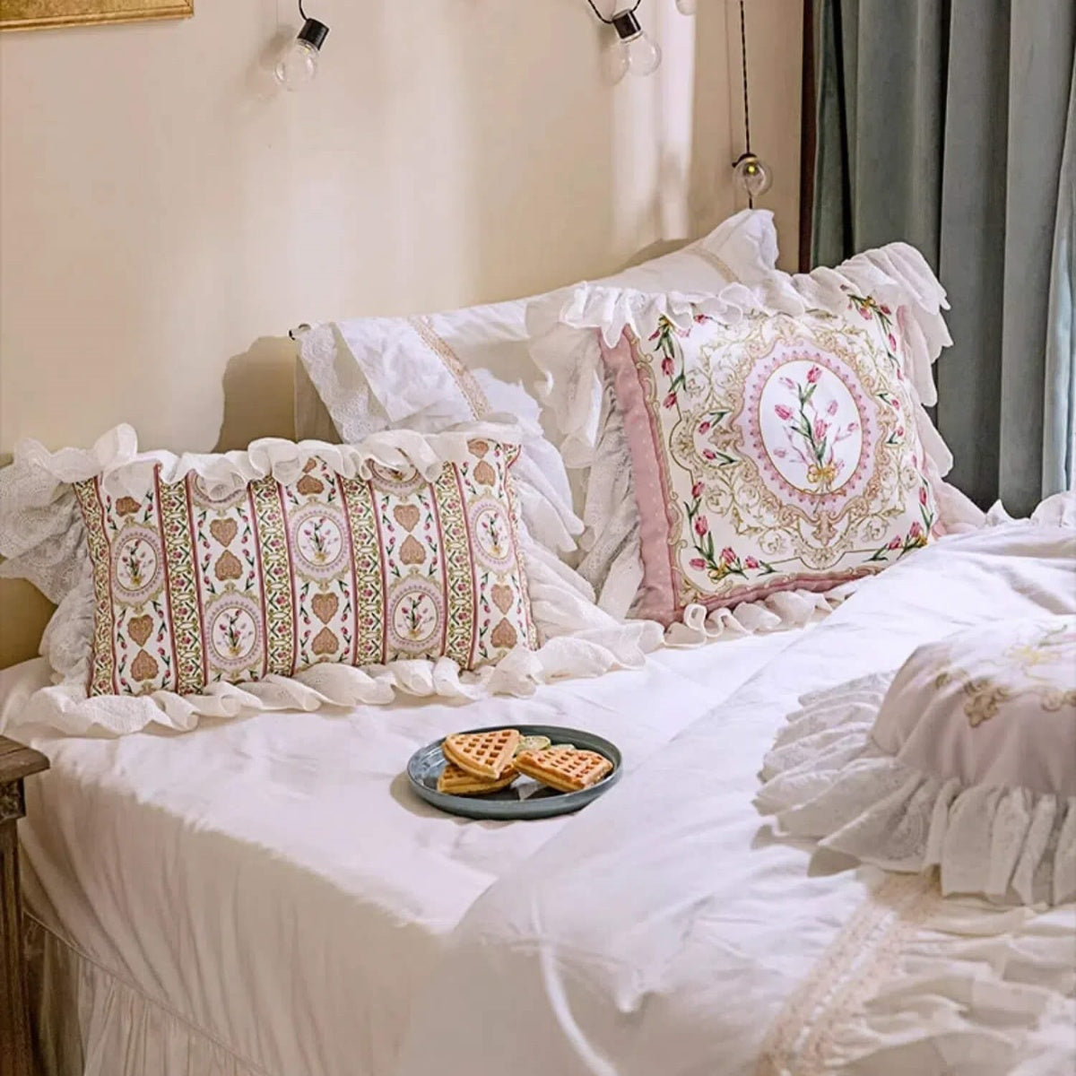 Powder Grace French Luxury Lace Throw Pillow