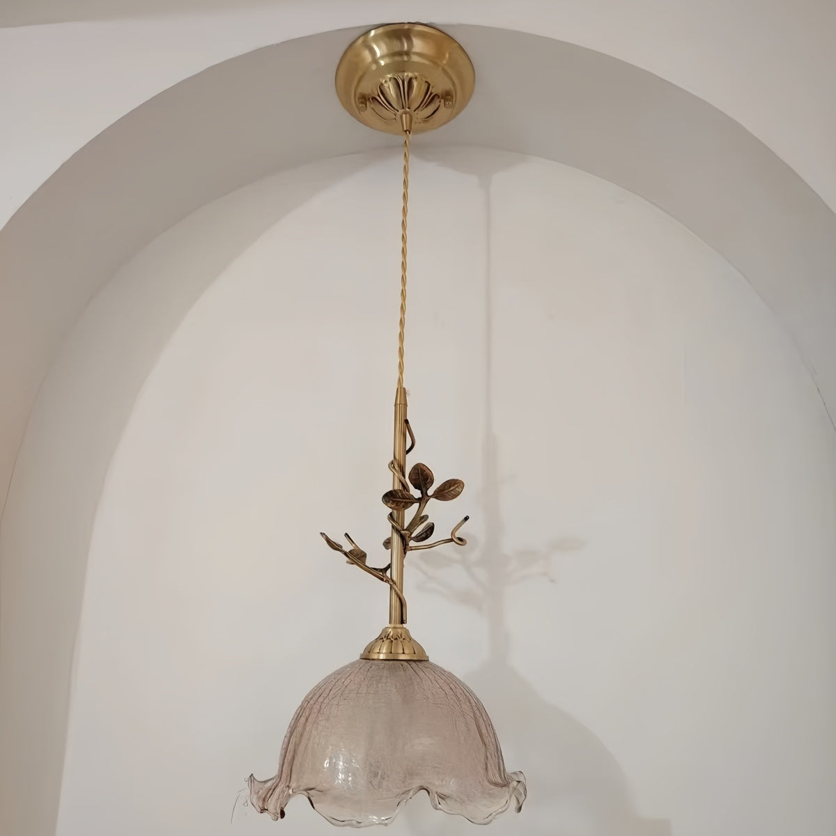 Vintage French Brass Rose Pendant Light