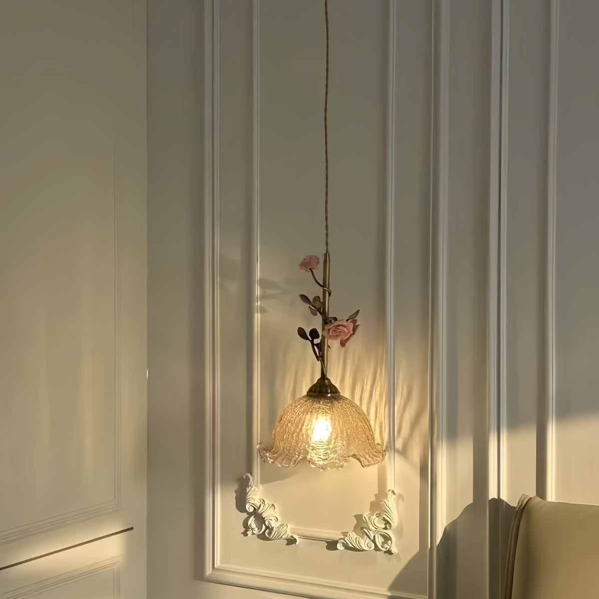 Vintage French Brass Rose Pendant Light