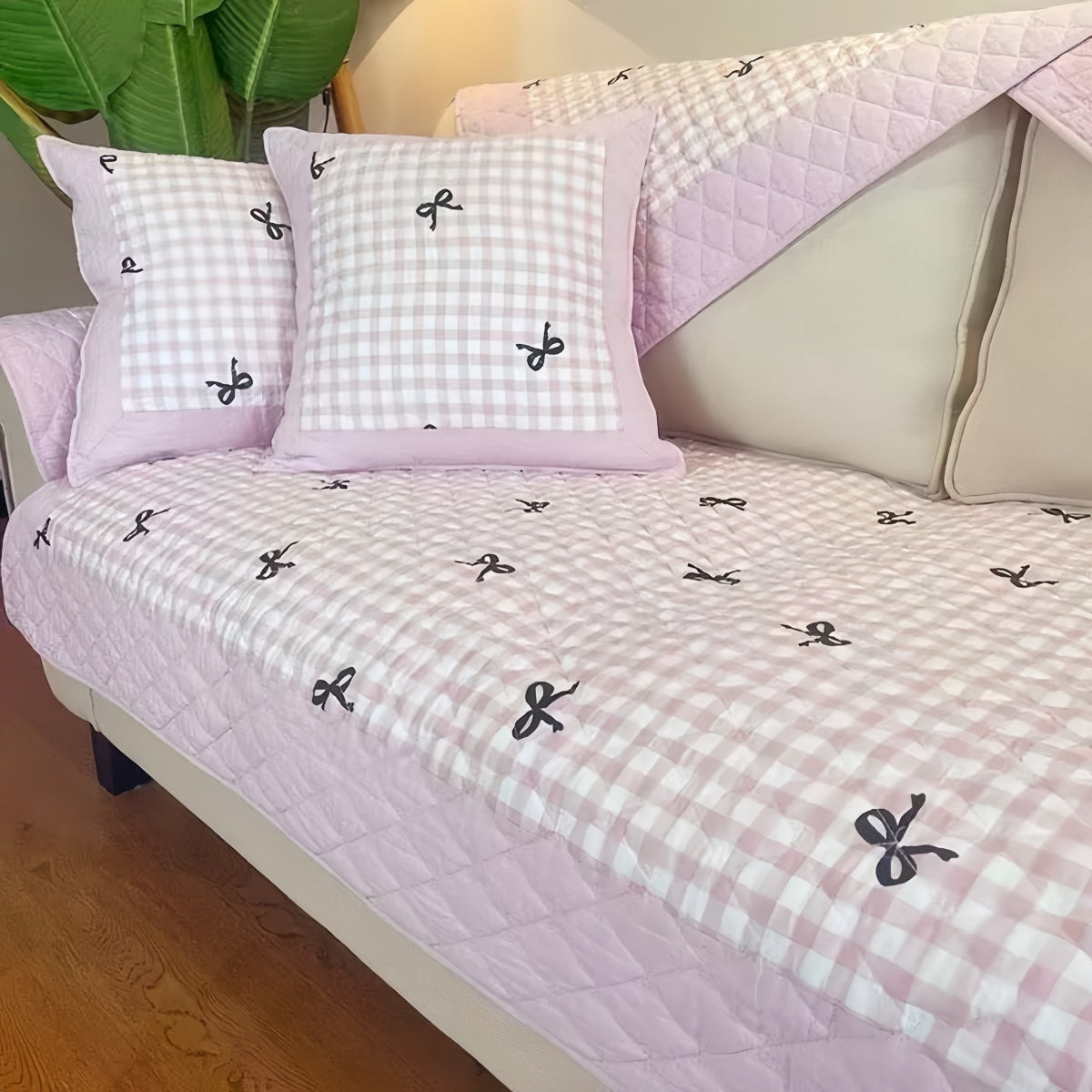 Pink Checkered All-Cotton Twill Non-Slip Sofa Cushion