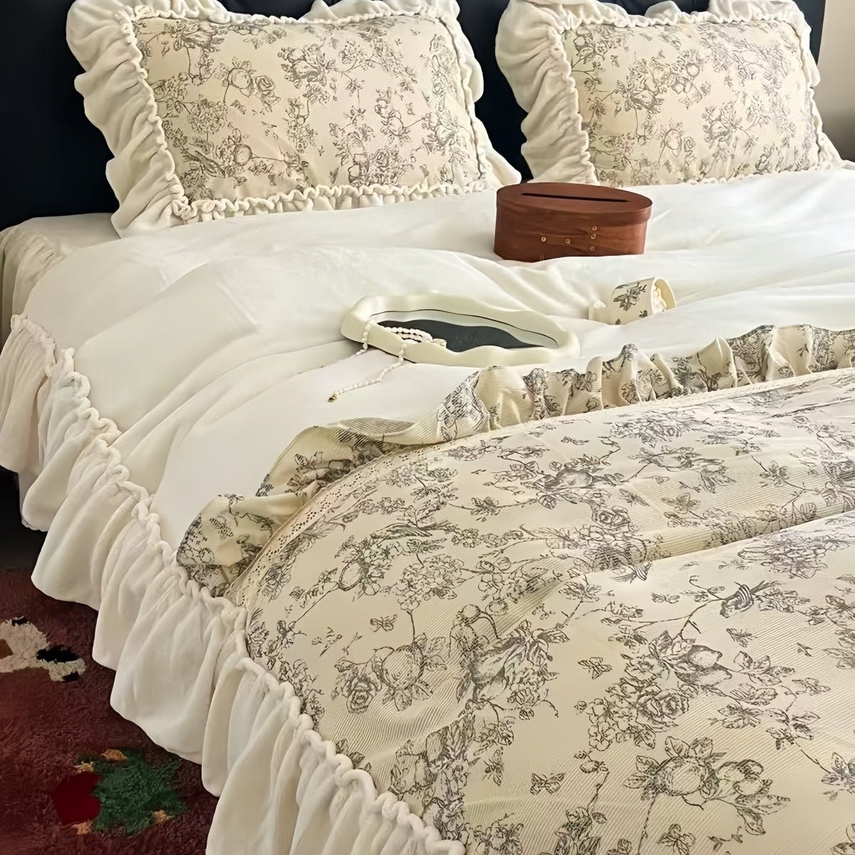 Beige Floral Velvet Bedding Set
