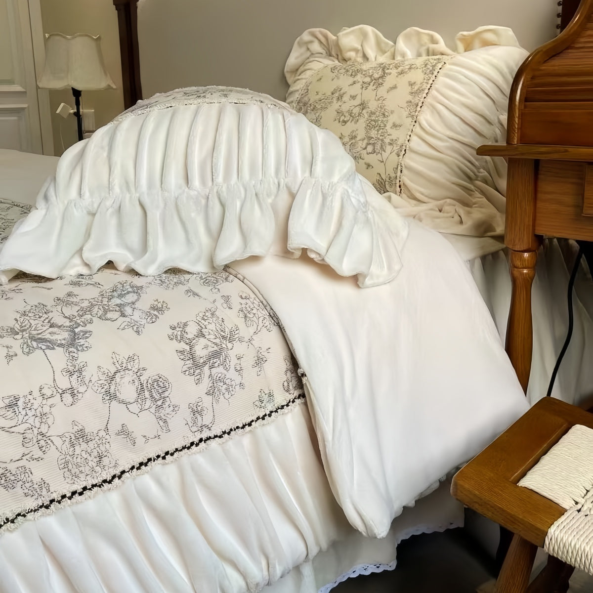 Beige Floral Velvet Bedding Set