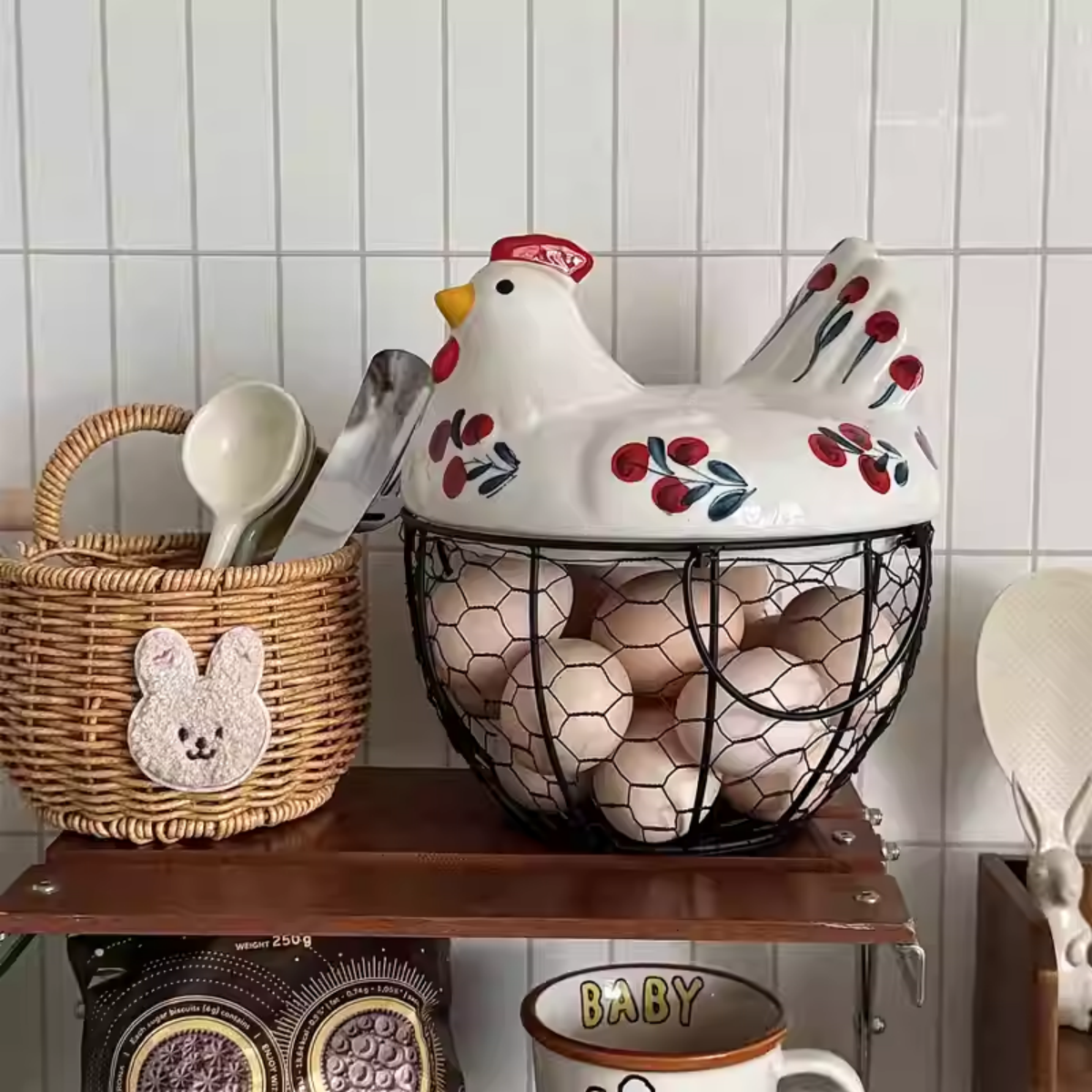 Country-Style Ceramic & Iron Storage Basket