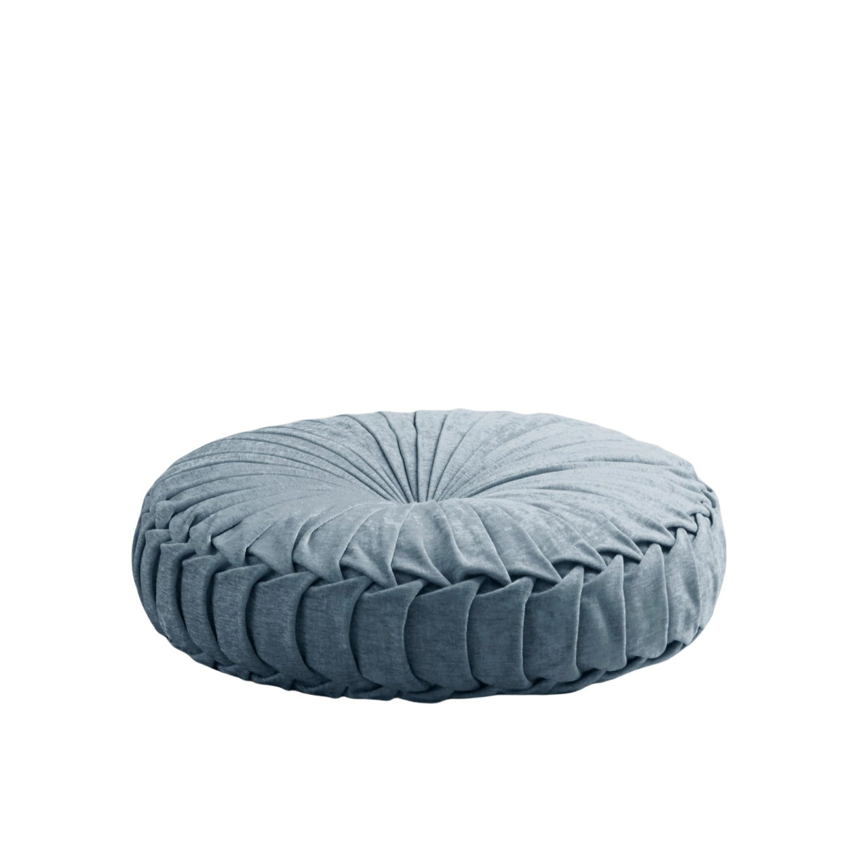 Blue Loretta Chenille Tufted Round Floor Pillow| Elegant pleated button-tufted design that resists clumping and maintains structure