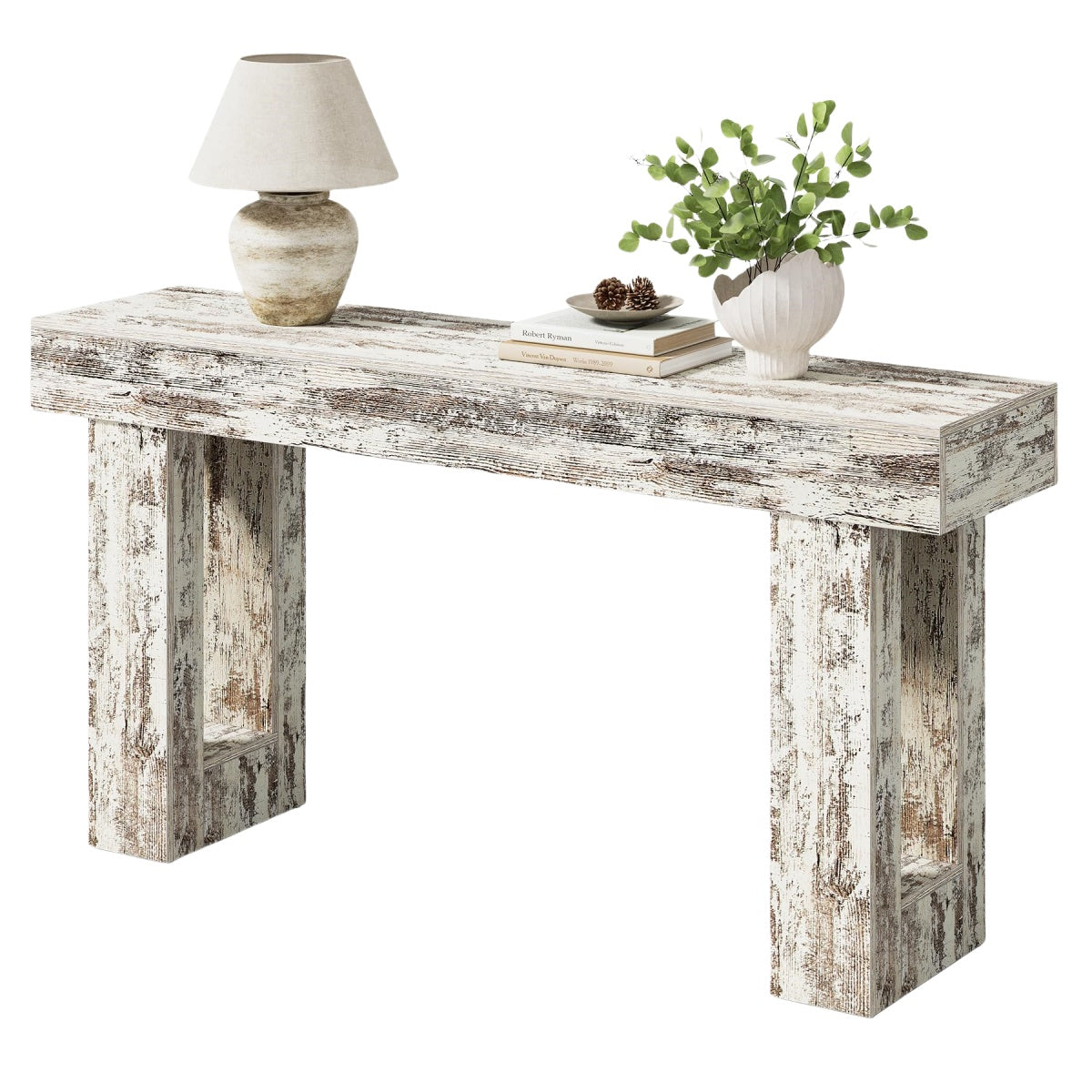 Distressed White Rustic Industrial Oak Console Table|Space Maximizer
