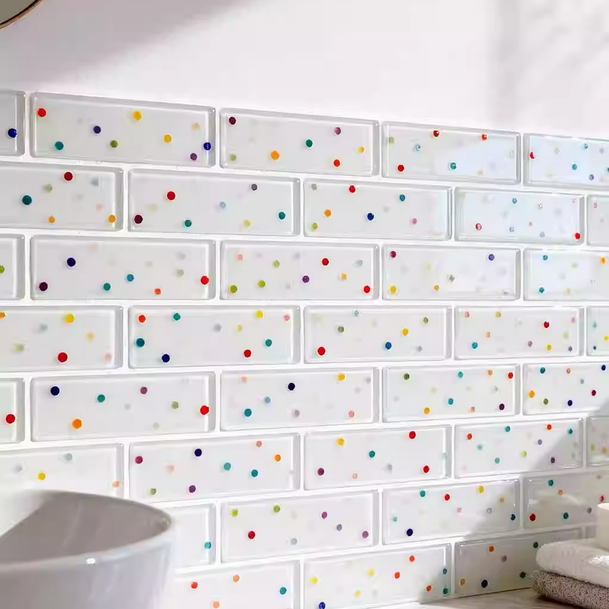 Close-up of LumiWall 3D Decor Polka Dots 3D wall stickers installed in a bathroom, with a mug and towel in the foreground