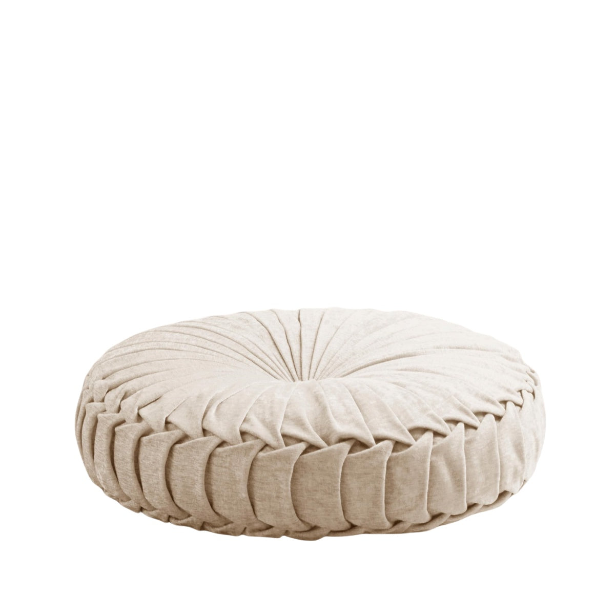 White Loretta Chenille Tufted Round Floor Pillow|Spot clean only; cover is not removable