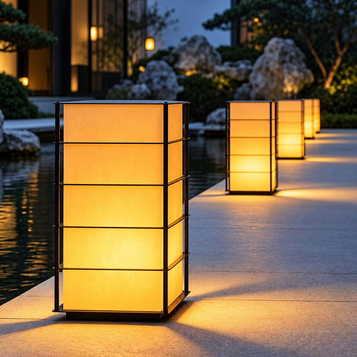 Close-up of the garden lamp’s stainless steel and faux marble materials