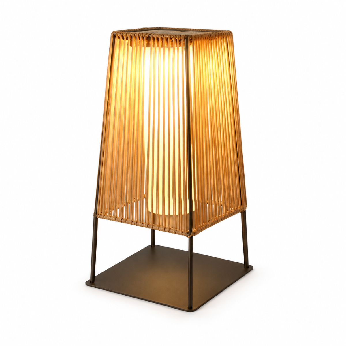 Japanese-inspired outdoor floor lamp with a rattan-style woven design