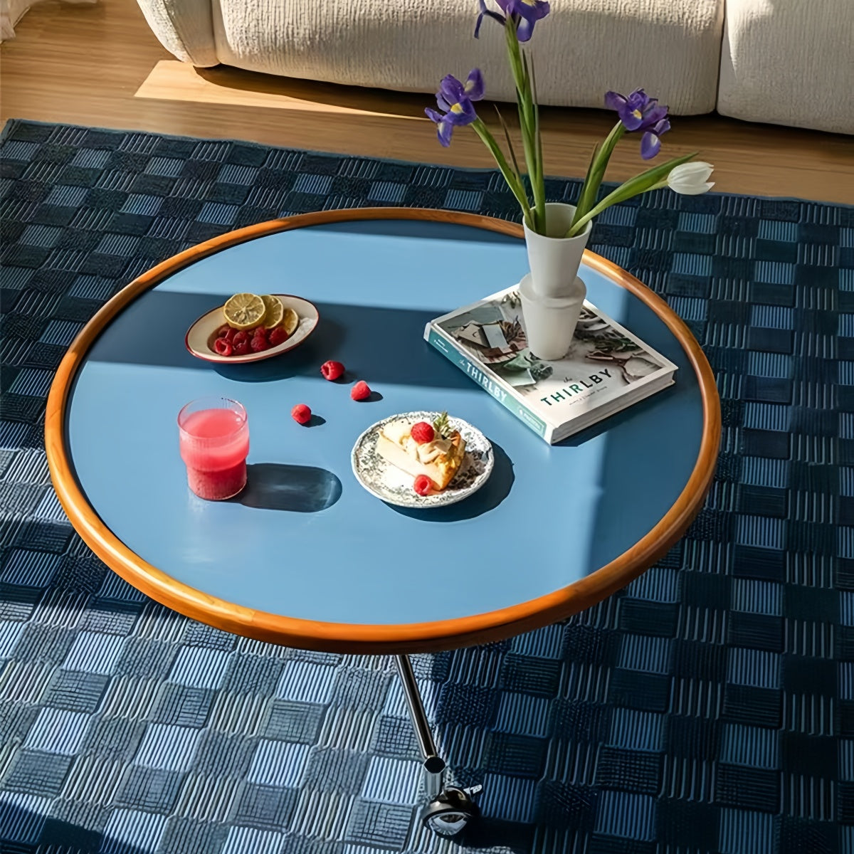 round tea table with wooden top and metal frame