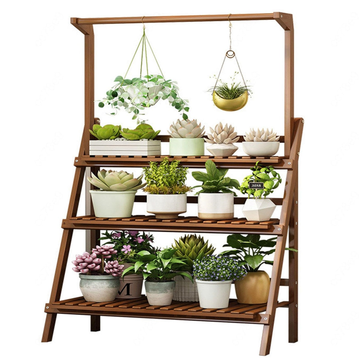 3-Tier Bamboo Plant Stand with Hanging Basket