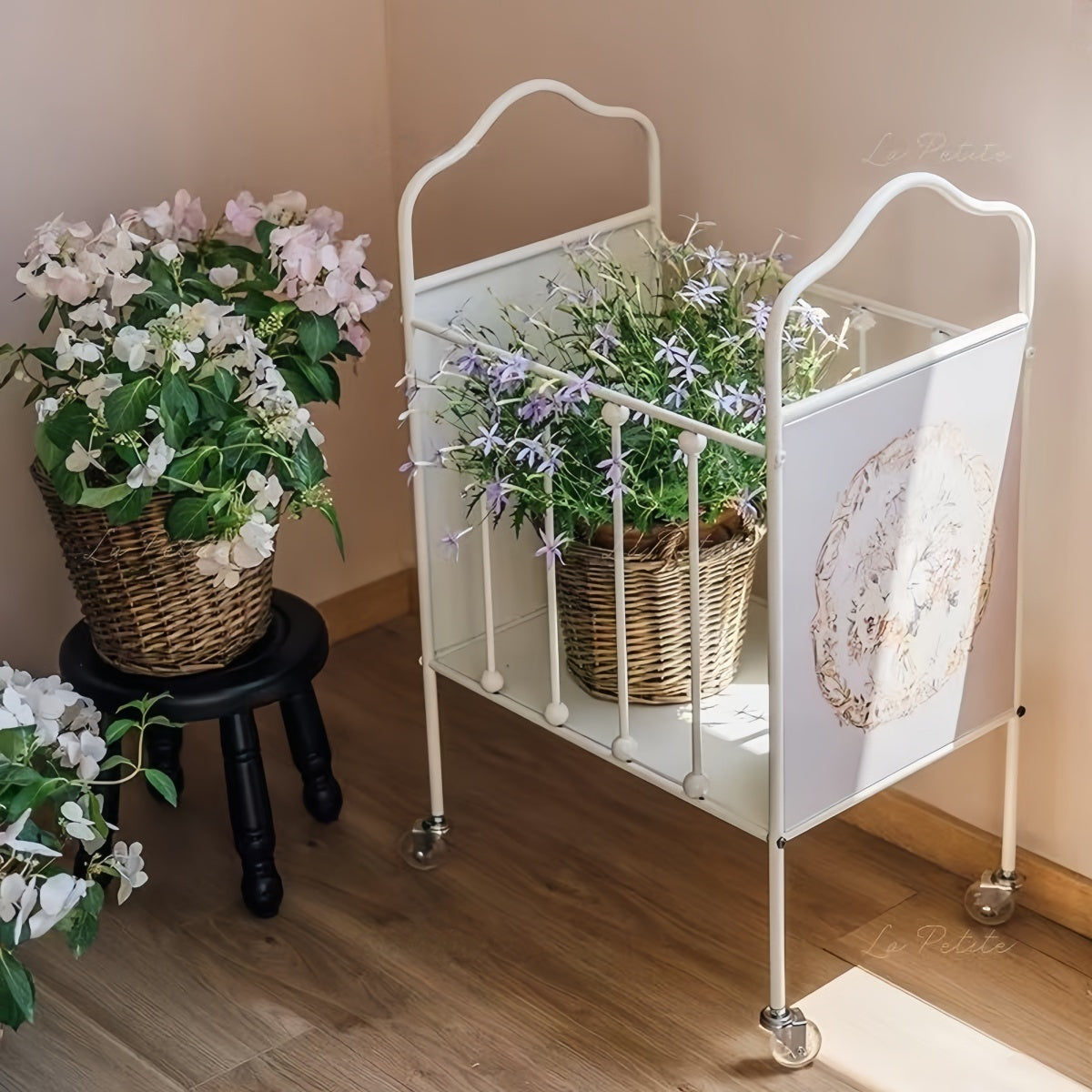 Vintage Metal Rolling Storage Basket Cart