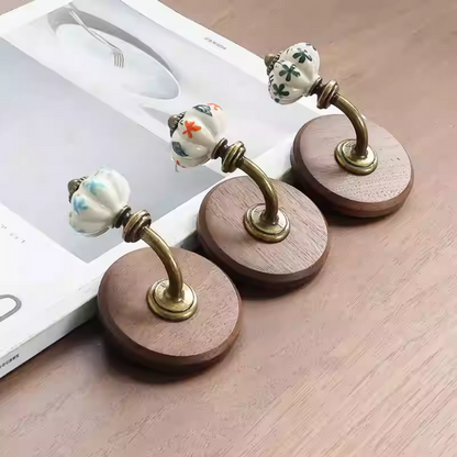 Vintage Ceramic & Wood Wall Hooks