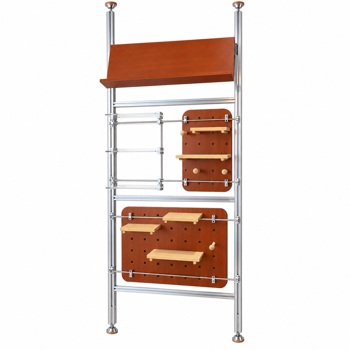 The full Elora shelving unit, featuring a silver-tone frame, warm wood-tone panels, and open display shelves.