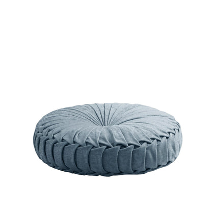 Blue Loretta Chenille Tufted Round Floor Pillow| Elegant pleated button-tufted design that resists clumping and maintains structure
