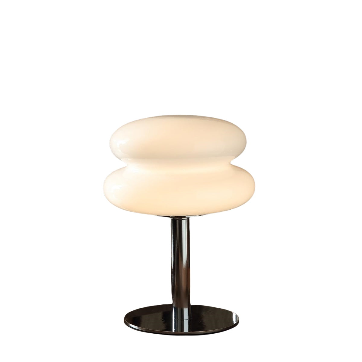 Egg Tart Mushroom Lamp |Mid-Century Modern Aesthetic: Features a unique egg tart-shaped hand-blown glass shade paired with a polished chrome base.