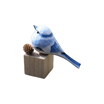 Grey_Blue Hand-Carved Wooden Bird Figurine|Adorably Compact