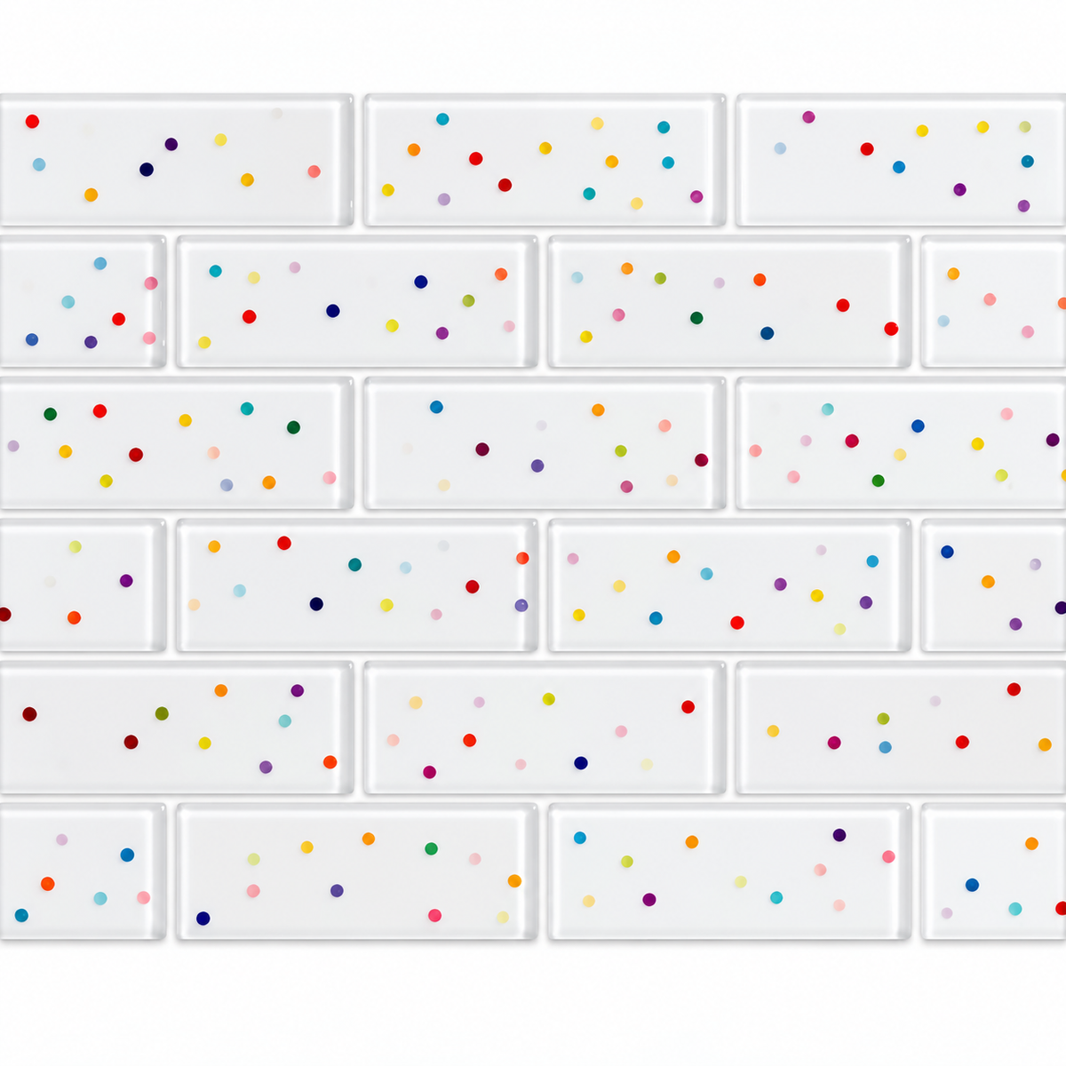 Close-up of the LumiWall 3D Decor Polka Dots peel-and-stick wall sticker pattern, showing the repeating colorful dots on embossed white panels