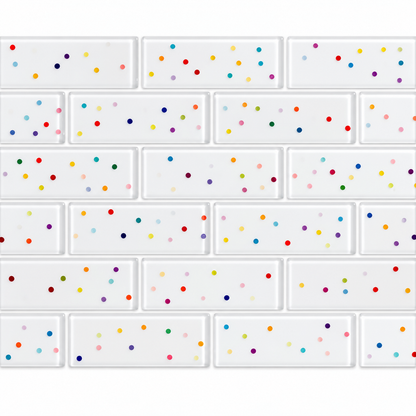 Close-up of the LumiWall 3D Decor Polka Dots peel-and-stick wall sticker pattern, showing the repeating colorful dots on embossed white panels