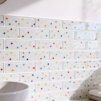 Close-up of LumiWall 3D Decor Polka Dots 3D wall stickers installed in a bathroom, with a mug and towel in the foreground