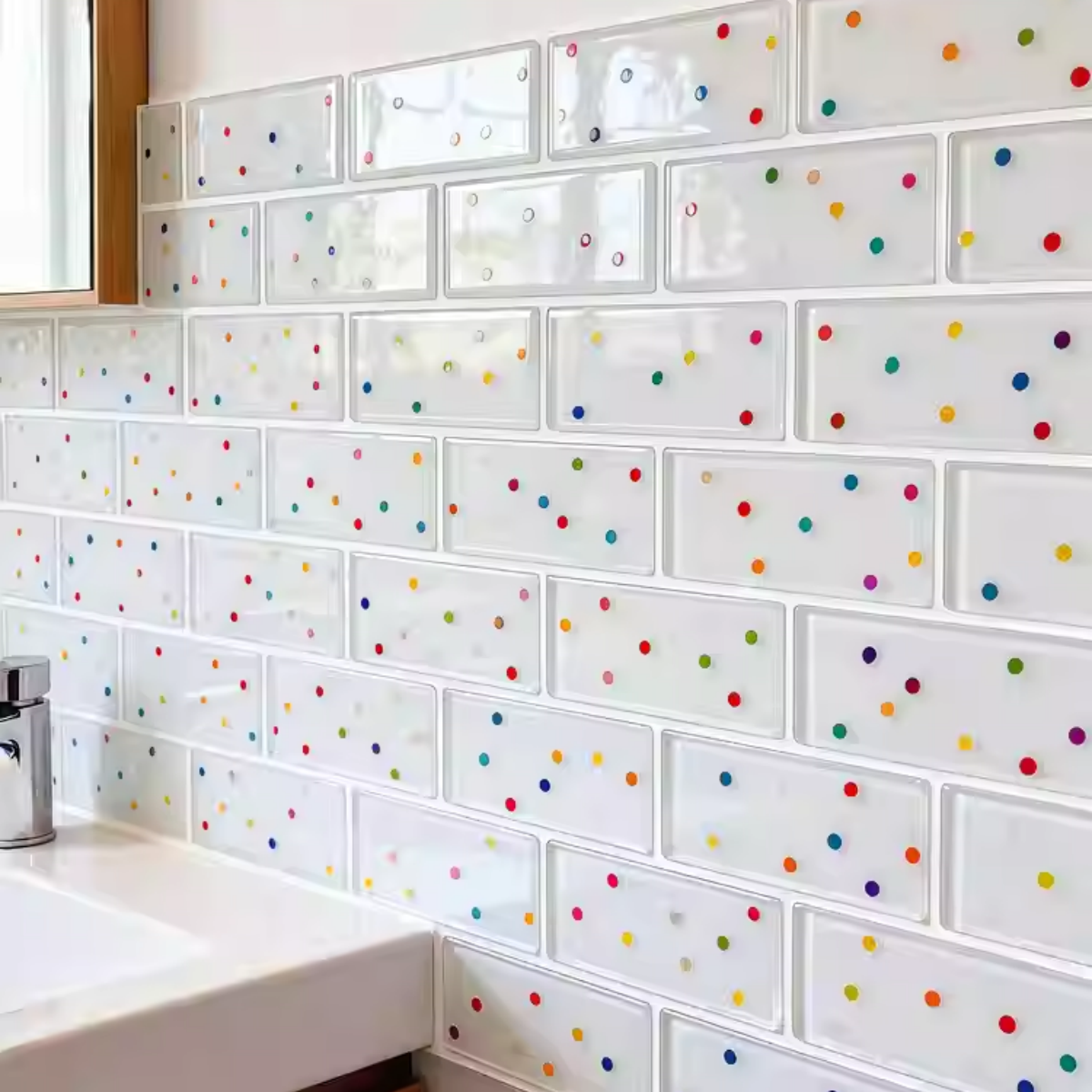 LumiWall 3D Decor Polka Dots 3D wall stickers installed on a bathroom wall beside a window and sink