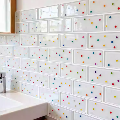 LumiWall 3D Decor Polka Dots 3D wall stickers installed on a bathroom wall beside a window and sink