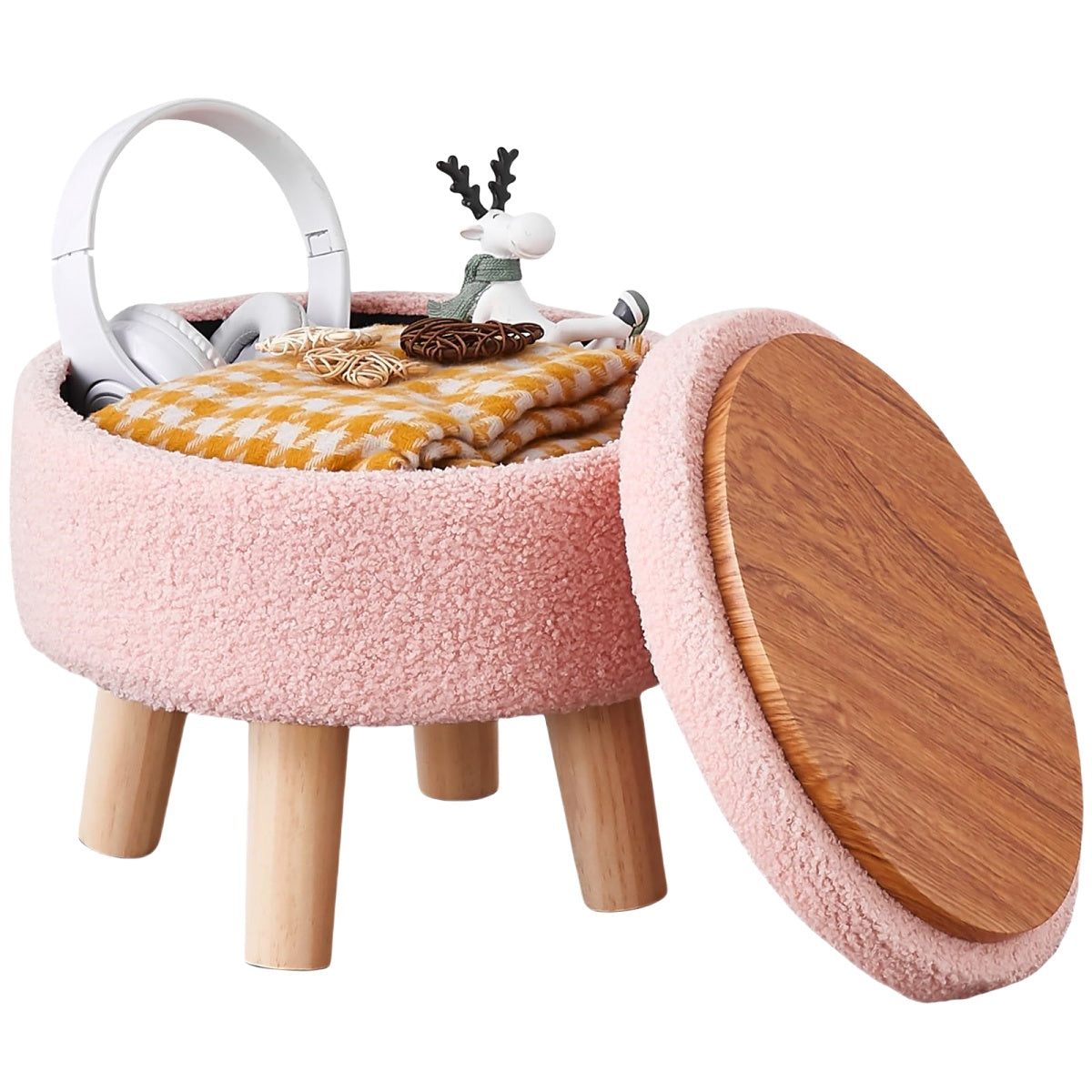Pink Modern Teddy Velvet Storage Ottoman|Soft and inviting teddy velvet upholstery for warmth and comfort