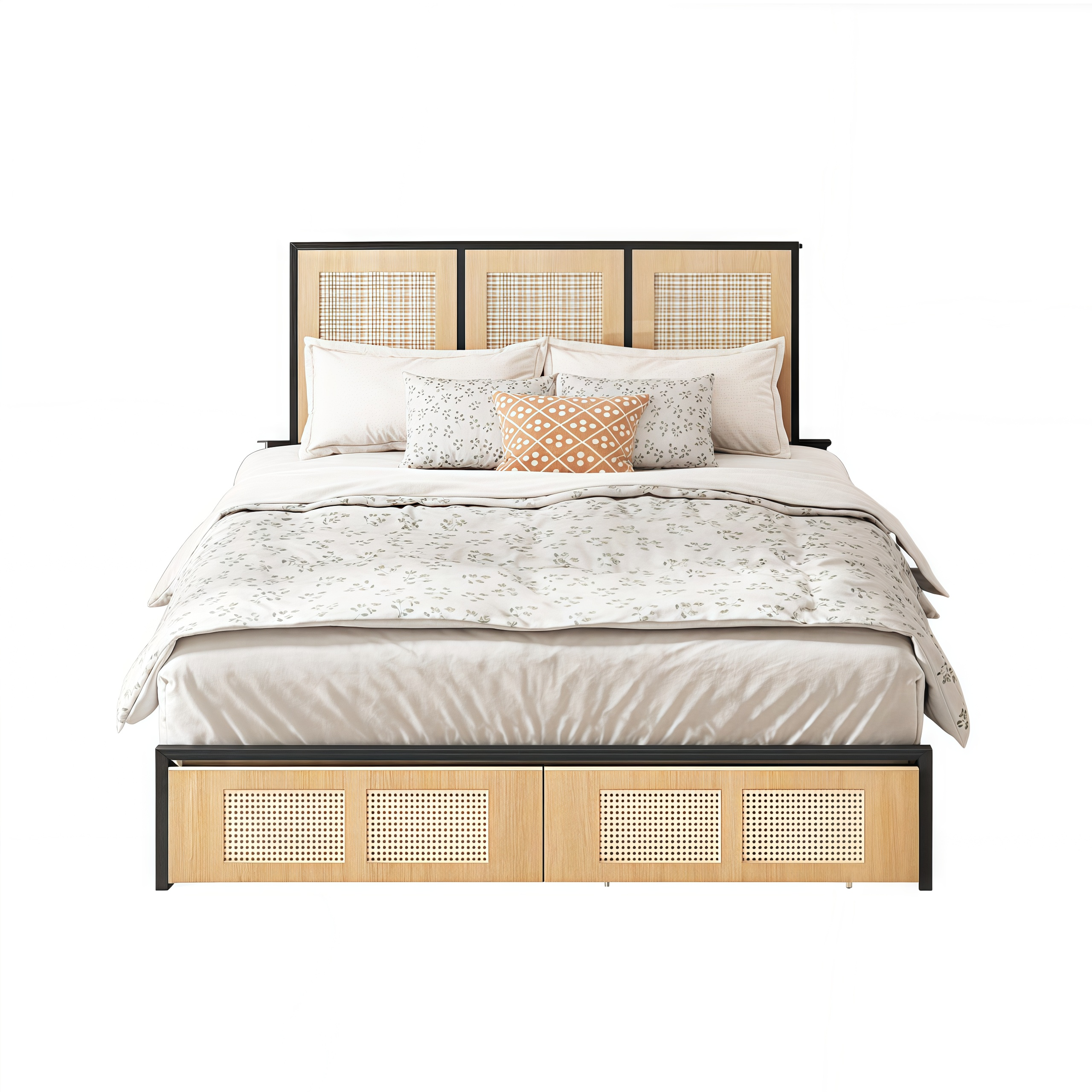 Queen Natural Rattan Platform Bed|Hand-Woven Natural Rattan