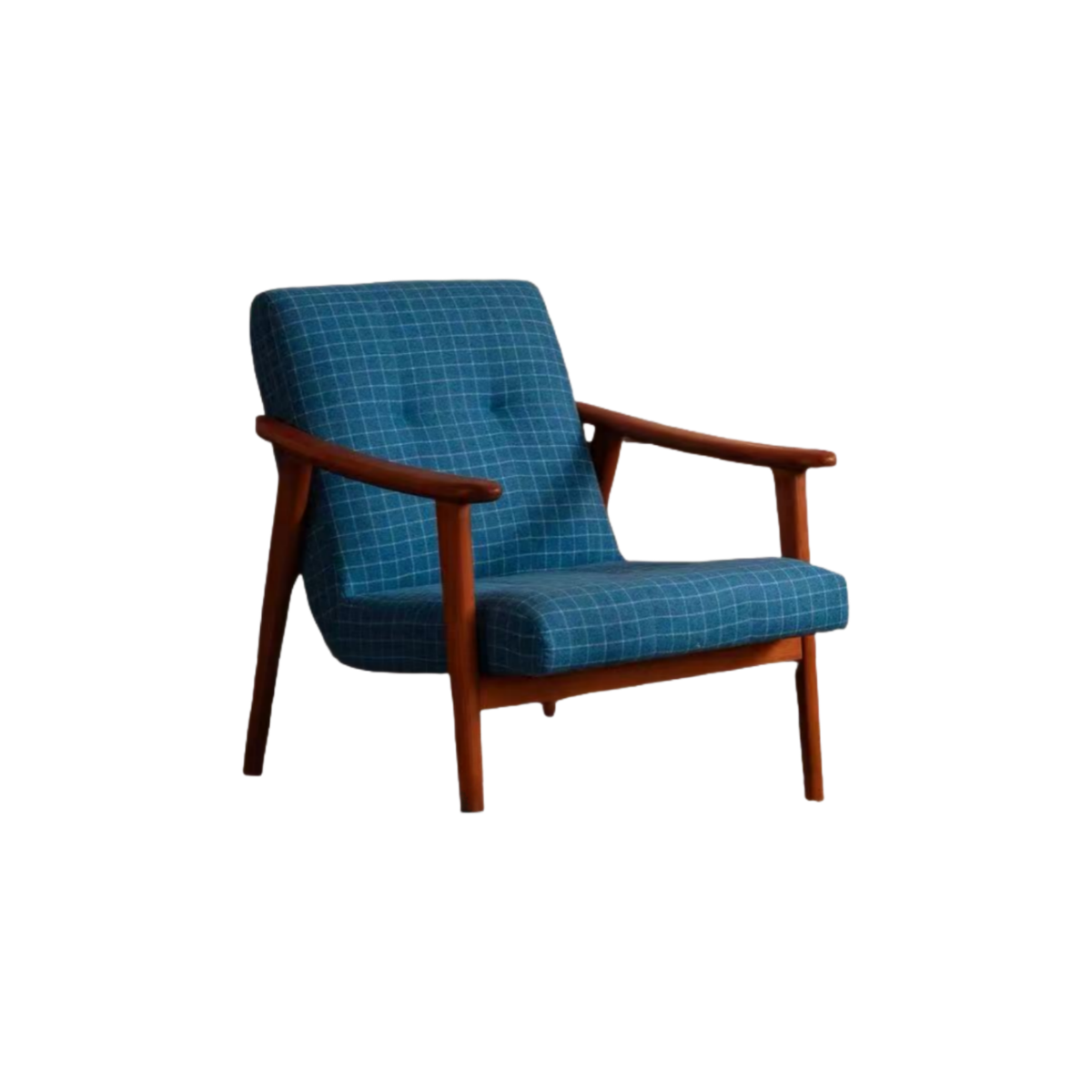 modern blue upholstered chair with curved ergonomic design