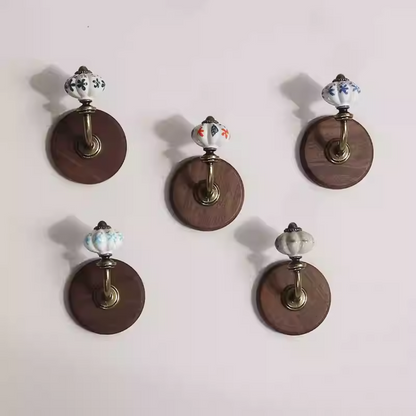 Vintage Ceramic & Wood Wall Hooks