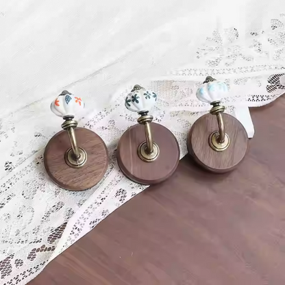 Vintage Ceramic & Wood Wall Hooks