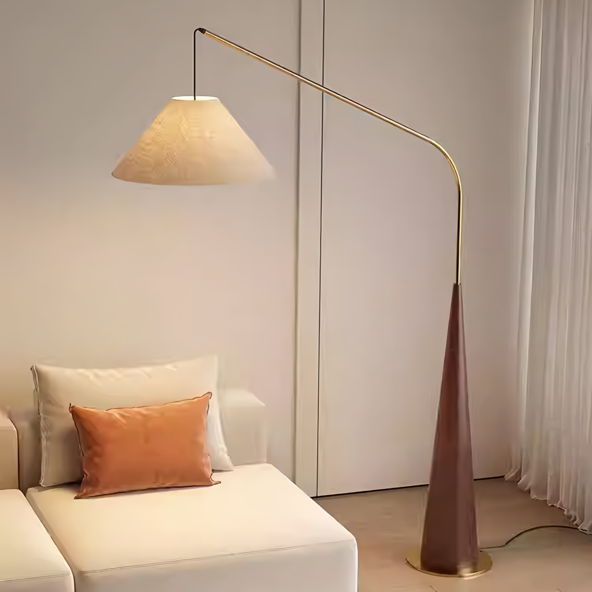 luxury arc standing lamp beside sofa in modern interior
