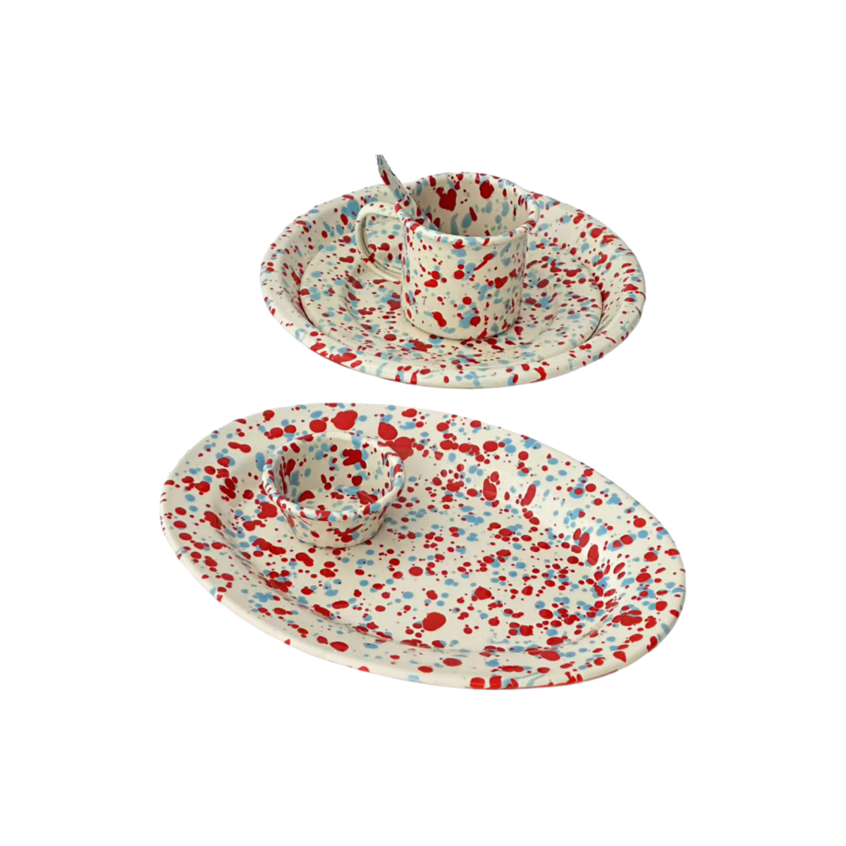colorful enamel plates with dopamine red and blue splatter design