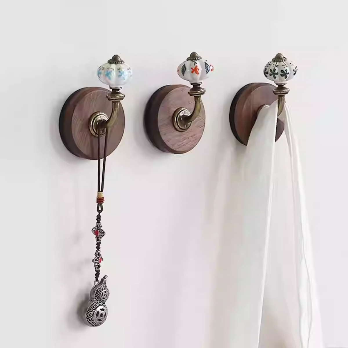 Vintage Ceramic & Wood Wall Hooks