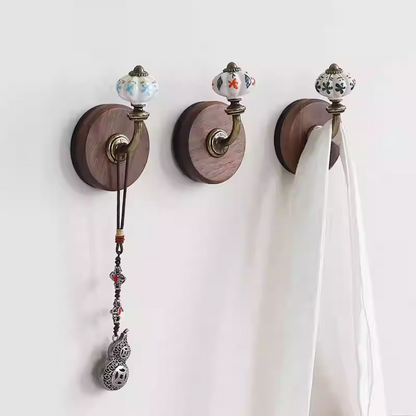 Vintage Ceramic & Wood Wall Hooks