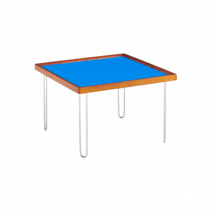 modern engineered wood table with steel legs clean design