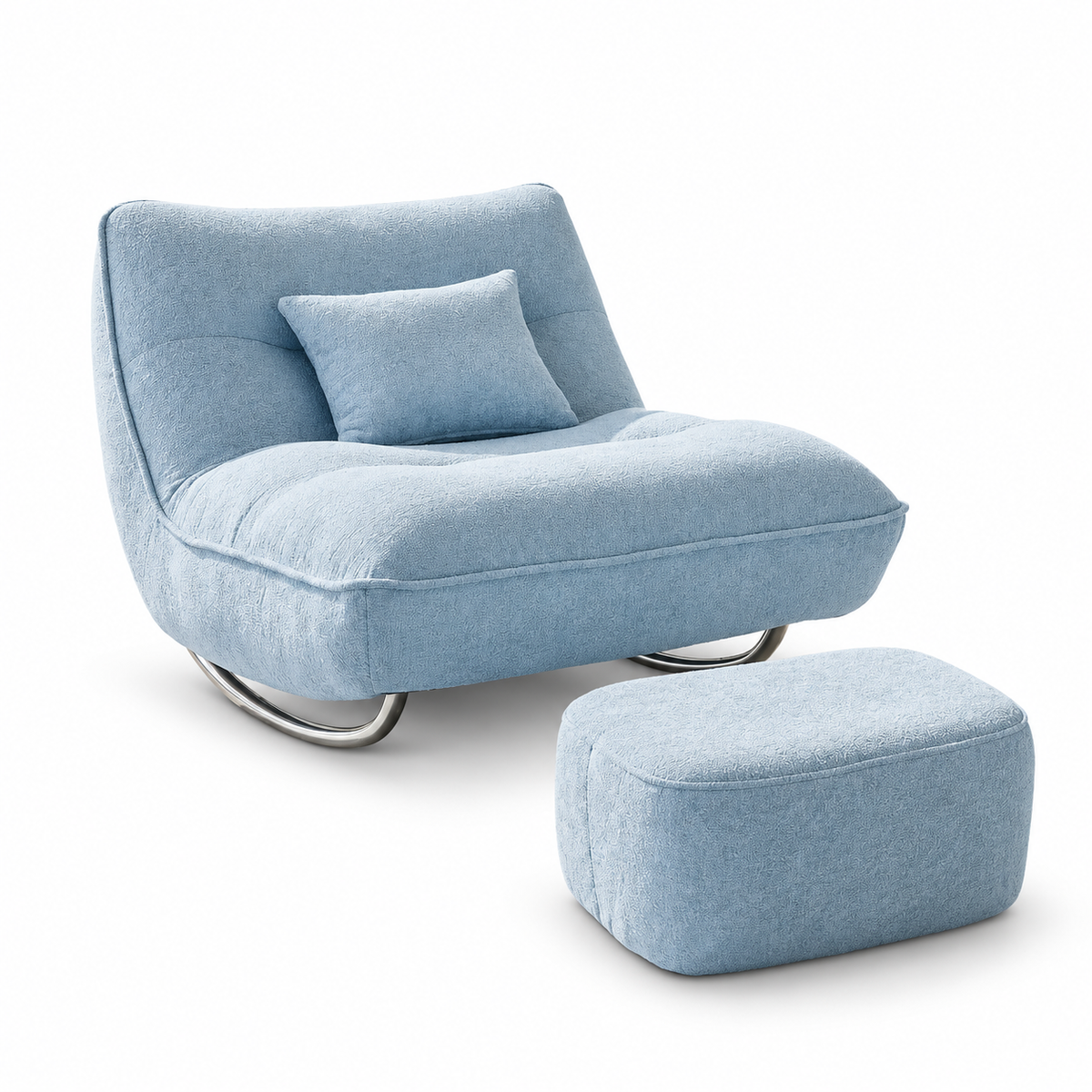 Light blue chenille lounge chair with matching ottoman and lumbar cushion