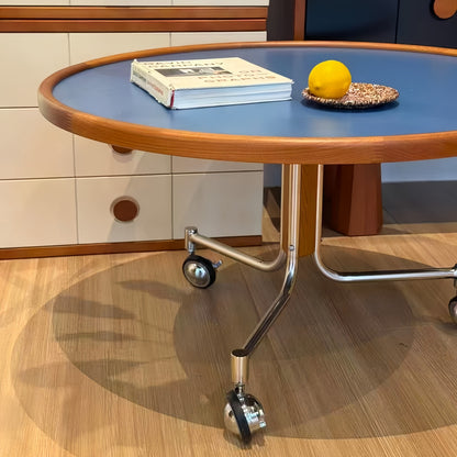 wood and stainless steel side table with caster wheels